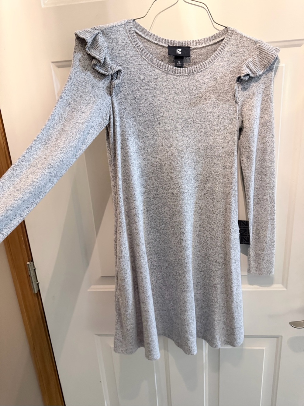 Iz Byer Heather Gray Ruffle-Shoulder Knit Dress